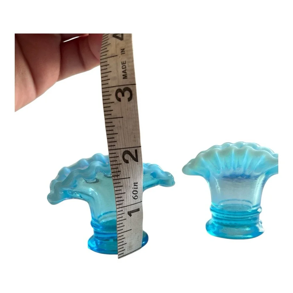 Pair Of Fenton Opalescent Blue Miniature Vases/ Toothpick Holders ,FLAWED SEE